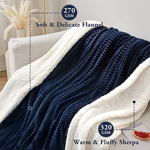 LBRO2M Sherpa Striped Fleece Bed Blanket, King Size Super Soft Fuzzy Plush Warm Cozy Fluffy Flannel Microfiber Couch Throw, Double Reversible Luxurious Blankets Navy Blue King(90x104 Inches)