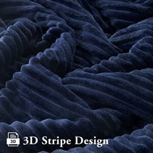 LBRO2M Sherpa Striped Fleece Bed Blanket, King Size Super Soft Fuzzy Plush Warm Cozy Fluffy Flannel Microfiber Couch Throw, Double Reversible Luxurious Blankets Navy Blue King(90x104 Inches)