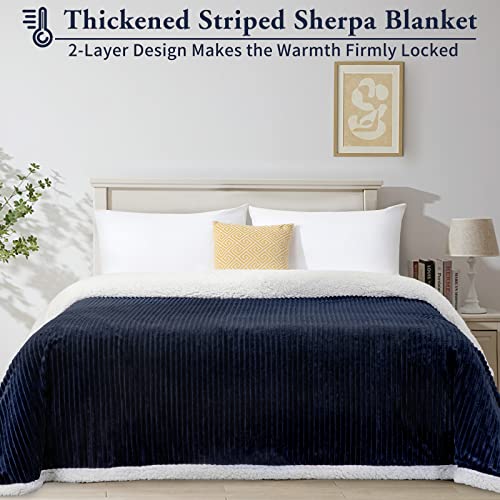 LBRO2M Sherpa Striped Fleece Bed Blanket, King Size Super Soft Fuzzy Plush Warm Cozy Fluffy Flannel Microfiber Couch Throw, Double Reversible Luxurious Blankets Navy Blue King(90x104 Inches)