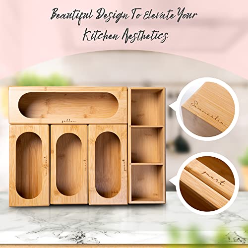 Summerlin Bamboo Ziplock Bag Organizer for Drawer Storage - Plastic Bag Holder Compatible with All Plastic Food Storage Bags (Quart, Snack, Sandwich, Gallon) - Comes with Bonus Container