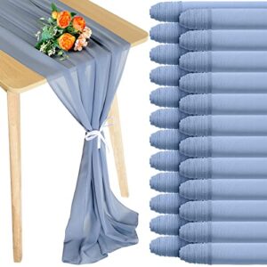 chumia 24 pack chiffon table runners romantic sheer table decorations long tulle runner for wedding bridal shower party supplies decor, 118 x 12 inches (dusty blue)