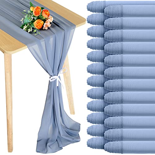 Chumia 24 Pack Chiffon Table Runners Romantic Sheer Table Decorations Long Tulle Runner for Wedding Bridal Shower Party Supplies Decor, 118 x 12 Inches (Dusty Blue)