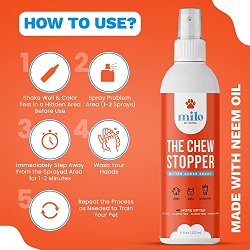 Milo by Bone Bitter Apple Spray for Dogs to Stop Chewing | Non-Toxic, Safe & Alcohol-Free | No Chew Spray for Dogs | Extreme Bitter Formula | Indoor & Outdoor Use