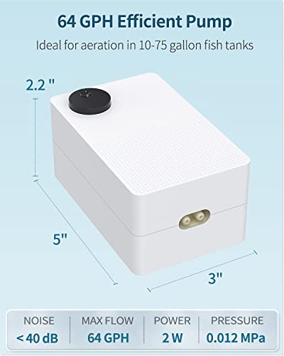 Pawfly 64 GPH Aquarium Air Pump with Dual Outlets Adjustable Quiet Oxygen Aerator Pump with Airline Tubing Air Stone Connector and Check Valve Accessories for Fish Tanks up to 75 Gallons