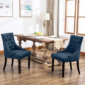 Alohappy Dining Chairs Linen Upholstered Side Chairs with Natural Oak Legs for Kitchen,Living Dining Room,Set of 2 Navy Blue