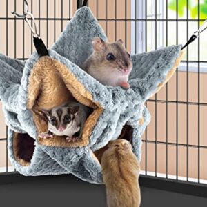 TINDTOP Small Animals Hammock, Ferret Sugar Glider Triple Bunk Bed Cage Warm Plush Hanging Hammock Bed Hideout for Hamster Guinea Pig Rat Ferret Chinchilla (Grey)