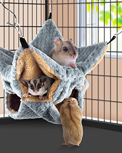 TINDTOP Small Animals Hammock, Ferret Sugar Glider Triple Bunk Bed Cage Warm Plush Hanging Hammock Bed Hideout for Hamster Guinea Pig Rat Ferret Chinchilla (Grey)