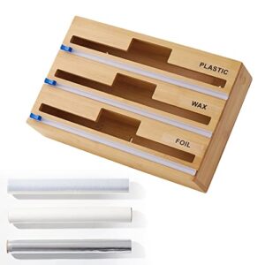 saran wrap organizer with cutter – a kitchen drawer organizer for foil and plastic wrap cutter with 3 free rolls - storage for plastic wrap and foil