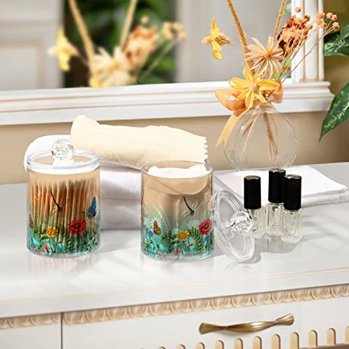 MNSRUU 2 Pack Qtip Holder Organizer Dispenser Colorful Dragonfly Bathroom Storage Canister Cotton Ball Holder Bathroom Containers for Cotton Swabs/Pads/Floss