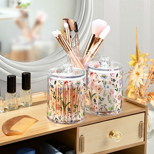 MNSRUU 2 Pack Qtip Holder Organizer Dispenser Spring Wildflowers and Leaf Bathroom Storage Canister Cotton Ball Holder Bathroom Containers for Cotton Swabs/Pads/Floss