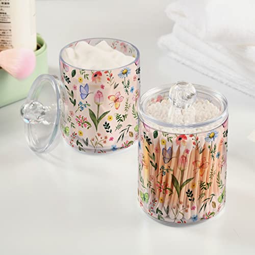 MNSRUU 2 Pack Qtip Holder Organizer Dispenser Spring Wildflowers and Leaf Bathroom Storage Canister Cotton Ball Holder Bathroom Containers for Cotton Swabs/Pads/Floss