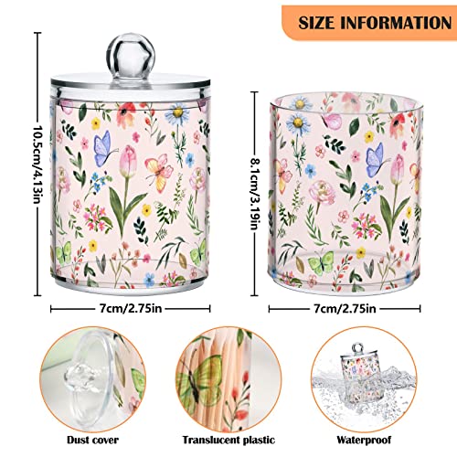 MNSRUU 2 Pack Qtip Holder Organizer Dispenser Spring Wildflowers and Leaf Bathroom Storage Canister Cotton Ball Holder Bathroom Containers for Cotton Swabs/Pads/Floss