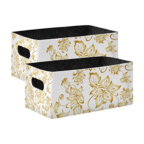 Kcldeci Gold Flowery Pattern Floral Foldable Storage Bin Basket Set [2-Pack] Fabric Collapsible Organizer Storage Cube Box For Home Office Closet