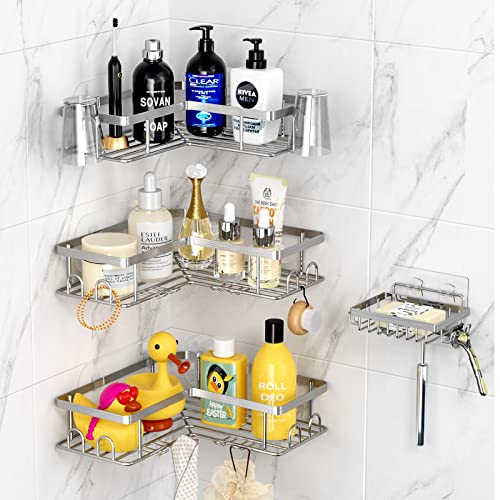 SIXDOVE 3-PACK Corner Shower Caddy- Corner Shower Shelf with 1 Soap Holder, Adhesive Shower Organizer with 18 Hooks, No Drilling Rustproof Stainless Steel Shower Rack Shelves for Bathroom & Kitchen