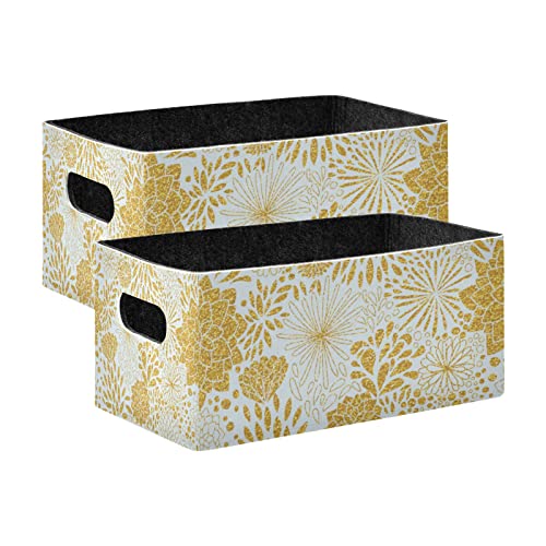 Kcldeci Floral Gold Patterns Trendy Gold Glitter Foldable Storage Bin Basket Set [2-Pack] Fabric Collapsible Organizer Storage Cube Box For Home Office Closet