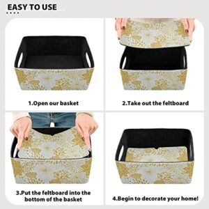 Kcldeci Floral Gold Patterns Trendy Gold Glitter Foldable Storage Bin Basket Set [2-Pack] Fabric Collapsible Organizer Storage Cube Box For Home Office Closet