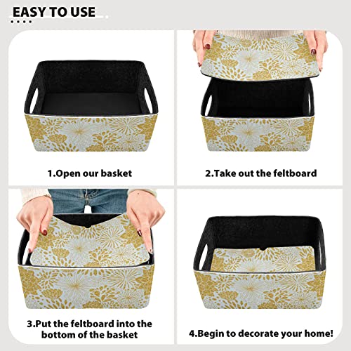 Kcldeci Floral Gold Patterns Trendy Gold Glitter Foldable Storage Bin Basket Set [2-Pack] Fabric Collapsible Organizer Storage Cube Box For Home Office Closet