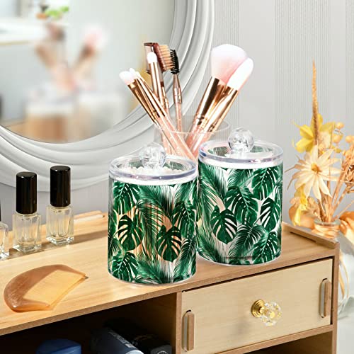 MNSRUU 2 Pack Qtip Holder Organizer Dispenser Tropical Palm White Bathroom Storage Canister Cotton Ball Holder Bathroom Containers for Cotton Swabs/Pads/Floss