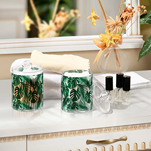 MNSRUU 2 Pack Qtip Holder Organizer Dispenser Tropical Palm White Bathroom Storage Canister Cotton Ball Holder Bathroom Containers for Cotton Swabs/Pads/Floss