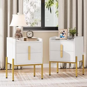 tribesigns 2-drawer nightstands set of 2, modern white gold nightstand for bedroom, wooden bed side table with storage, large night stand with gold metal frame, sofa side table for living room