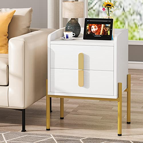 Tribesigns 2-Drawer Nightstands Set of 2, Modern White Gold Nightstand for Bedroom, Wooden Bed Side Table with Storage, Large Night Stand with Gold Metal Frame, Sofa Side Table for Living Room