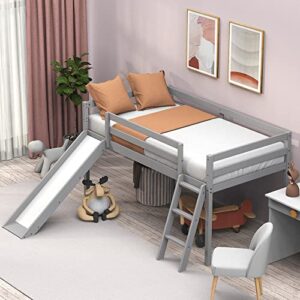 tolead loft bed with slide, wood twin low loft bed with climbing ladder & storage space for kids toddler, grey
