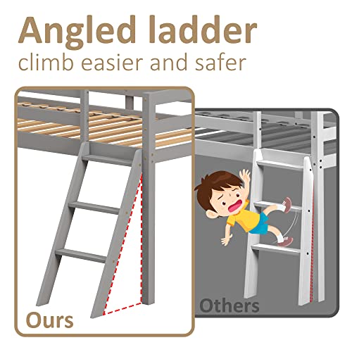 TOLEAD Loft Bed with Slide, Wood Twin Low Loft Bed with Climbing Ladder & Storage Space for Kids Toddler, Grey