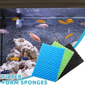 Romooa 9 Pcs Fish Pond Foam Aquarium Filter Sponge Wave Shape Coarse Foam for Fish Tank Sump Pond 17 x 11 Inch x 1/2 to 1 Inch, Black, Green, Blue