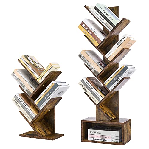 Hoctieon 2-Set Tree Bookshelf, Shelf Bookcase, Modern Book Storage, Free Standing Tree Bookcase, Utility Organizer Shelves for Home Office, Living Room, Bedroom, Rustic Brown(2 Pack)