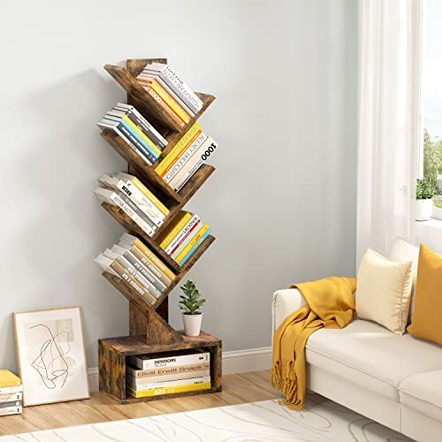 Hoctieon 2-Set Tree Bookshelf, Shelf Bookcase, Modern Book Storage, Free Standing Tree Bookcase, Utility Organizer Shelves for Home Office, Living Room, Bedroom, Rustic Brown(2 Pack)