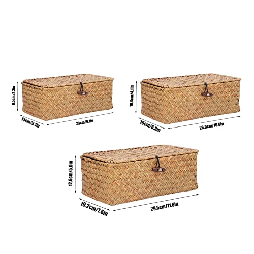 Seagrass Storage Basket, Rectangular Seagrass Basket, Natural Seagrass Storage Basket Woven Rectangular Shelf Basket Bins with Lids Desktop Organizer Wicker Baskets for Organizing(S)