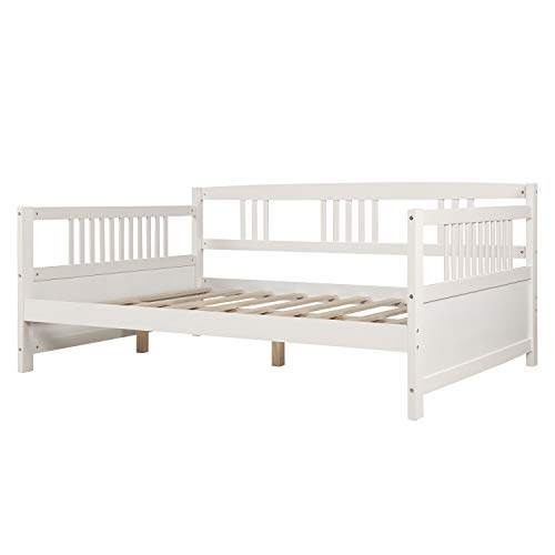 Merax Classic Wood Day Bed Frame Multifunctional Platform Bed Sofa Mattress Foundation with Headboard, Easy Assembly White