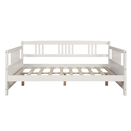 Merax Classic Wood Day Bed Frame Multifunctional Platform Bed Sofa Mattress Foundation with Headboard, Easy Assembly White
