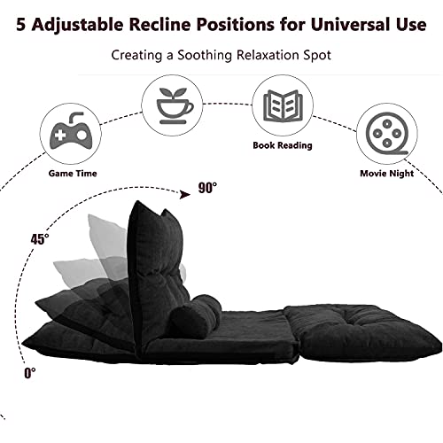 Majnesvon Adjustable Floor Sofa, Foldable Lazy Sofa Sleeper Bed 5-Position Adjustable, Floor Gaming Sofa Couch with 2 Pillows for Bedroom,Living Room,Balcony (Black)