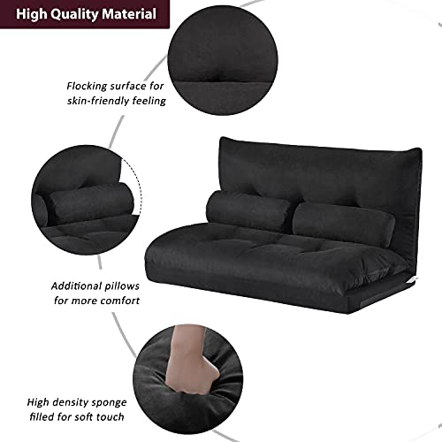 Majnesvon Adjustable Floor Sofa, Foldable Lazy Sofa Sleeper Bed 5-Position Adjustable, Floor Gaming Sofa Couch with 2 Pillows for Bedroom,Living Room,Balcony (Black)