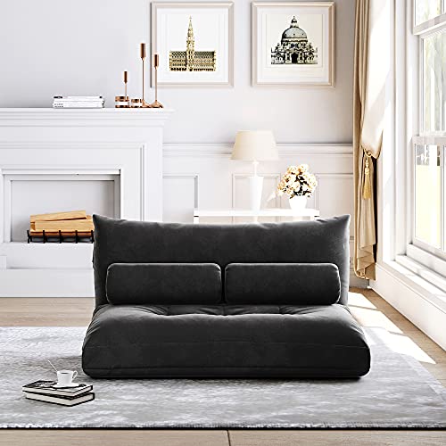 Majnesvon Adjustable Floor Sofa, Foldable Lazy Sofa Sleeper Bed 5-Position Adjustable, Floor Gaming Sofa Couch with 2 Pillows for Bedroom,Living Room,Balcony (Black)