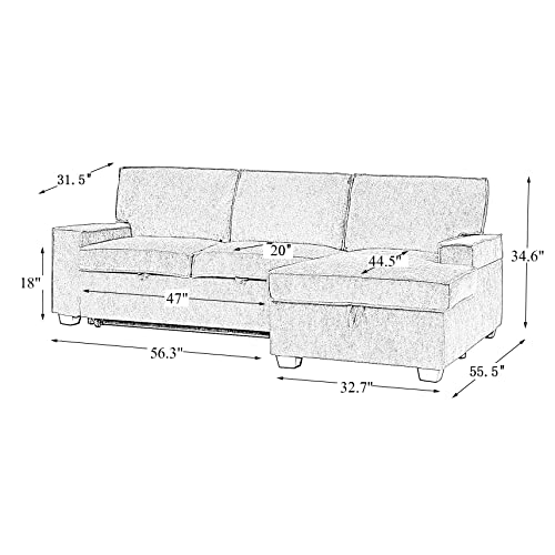 HULALA HOME Modern Sectional Sleeper Sofa, 3-seat L-Shaped Wide Couch with Storage Chaise, Pull Out Sleeper for Small Space, Living Room, Apartment and Office(Teal)