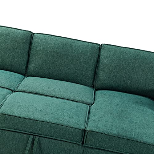 HULALA HOME Modern Sectional Sleeper Sofa, 3-seat L-Shaped Wide Couch with Storage Chaise, Pull Out Sleeper for Small Space, Living Room, Apartment and Office(Teal)