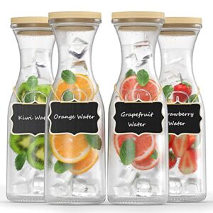 summer&kiss 4 pack glass carafe pitcher with bamboo lids and tags, 1 liter water pitcher, beverage carafe set for mimosa bar, juice container for brunch, iced tea, cold water, juice, milk,lemonade