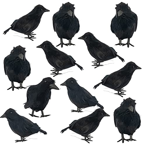 DAZZLE BRIGHT Halloween Black Feathered Crows Decor, Holiday Decoration for Indoor Outdoor Home Yard Garden Party Carnival Supplie (12 Pack)