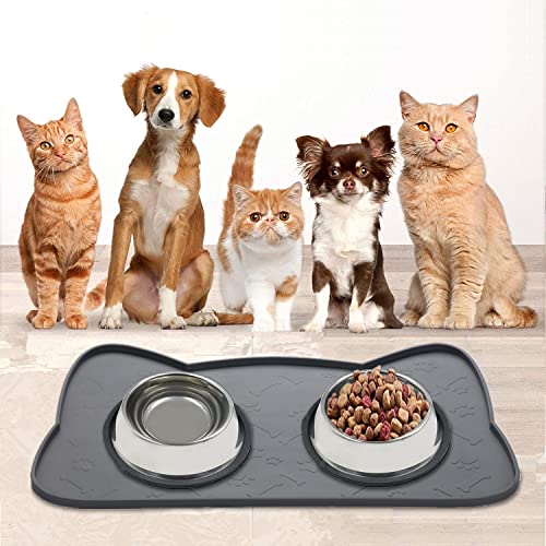 IYYI Cat Food Mat, Silicone Pet Food Mat for Floor, Waterproof Non Slip Pet Feeding Mat, Raised Edge Cat Bowl Mat to Stop Food Spills and Water Messes (Black+M)