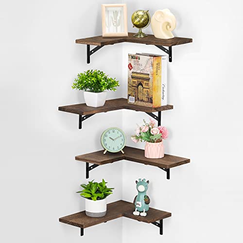 Corner Floating Shelves Set of 4, Wall Mounted Floating Corner Shelf, Rustic Wood Wall Storage Display Shelves for Living Room Bedroom Kitchen,Corner Floating Shelves for Wall(Rustic Brown)