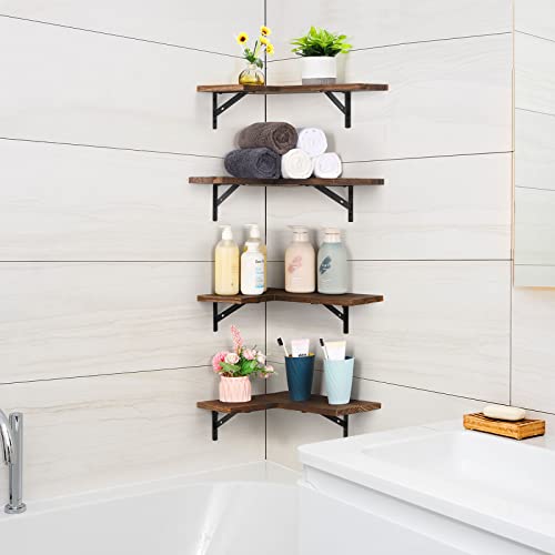 Corner Floating Shelves Set of 4, Wall Mounted Floating Corner Shelf, Rustic Wood Wall Storage Display Shelves for Living Room Bedroom Kitchen,Corner Floating Shelves for Wall(Rustic Brown)