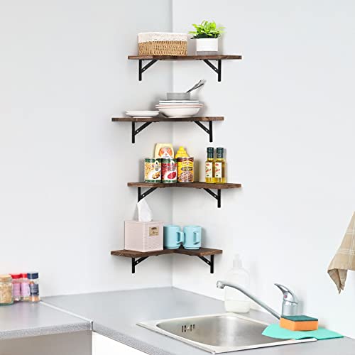 Corner Floating Shelves Set of 4, Wall Mounted Floating Corner Shelf, Rustic Wood Wall Storage Display Shelves for Living Room Bedroom Kitchen,Corner Floating Shelves for Wall(Rustic Brown)