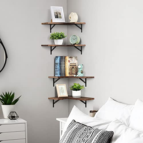 Corner Floating Shelves Set of 4, Wall Mounted Floating Corner Shelf, Rustic Wood Wall Storage Display Shelves for Living Room Bedroom Kitchen,Corner Floating Shelves for Wall(Rustic Brown)