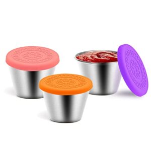 salad dressing container to go, reusable small containers with lids , stainless steel condiment containers with silicone lids, small sauce containers for lunch box, easy open, leakproof(3 pack,70ml)