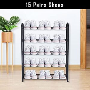 YSSOA 5-Tier Stackable Shoe Rack, 15-Pairs Sturdy Shoe Shelf Storage, Black Shoe Tower for Bedroom, Entryway, Hallway, and Closet, 1 Pack