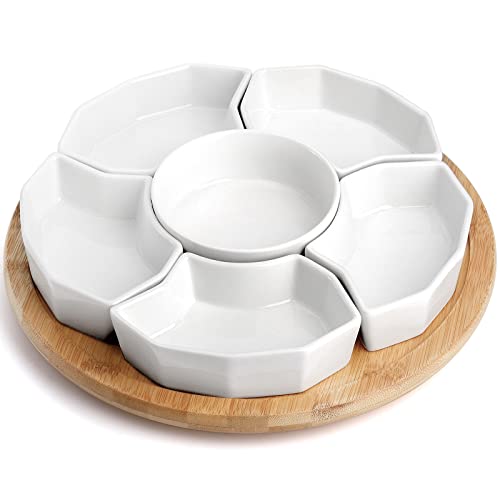 SOUJOY 11'' Lazy Susan Serving Tray, Porcelain Appetizer Divided Serving Dishes, Removable Relish Dishes with Silent Rotating for Chip, Dip, Veggies, Candy and Snack, Cheese, Party, 7 Pieces