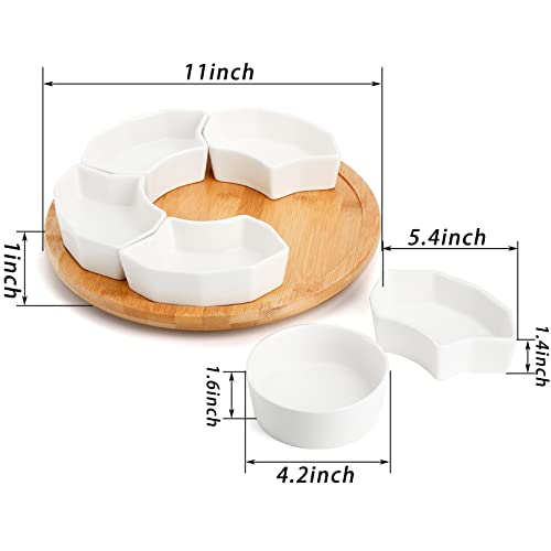 SOUJOY 11'' Lazy Susan Serving Tray, Porcelain Appetizer Divided Serving Dishes, Removable Relish Dishes with Silent Rotating for Chip, Dip, Veggies, Candy and Snack, Cheese, Party, 7 Pieces