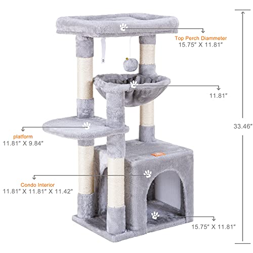 Heybly Cat Tree for Indoor Cats, Cat Tower condo for Kitten, Cat House with Padded Plush Perch, Cozy Hammock and Sisal Scratching Posts, Light Gray HCT003SW